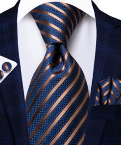 Luxusná pánska kravatová sada s modrými a medenými pásikmi