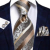 Luxusná pánska kravatová sada v striebornej farbe s hnedými pásmi