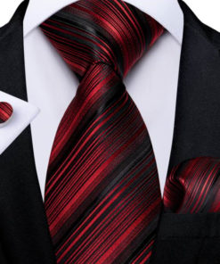 Luxusný kravatový set v čiernej farbe s červenými pásikmi