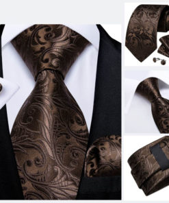 Pánska sada - kravata + manžety + vreckovka s hnedým vzorom
