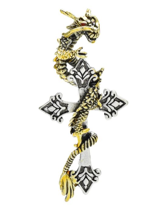 Štýlová brošňa v podobe zlatého draka na kríži
