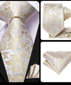 Pánska kravatová sada + manžety + vreckovka s krémovým vzorom