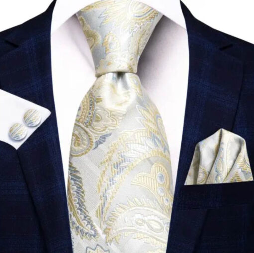 Pánska kravatová sada s vreckovkou a manžetami so svetlým vzorom