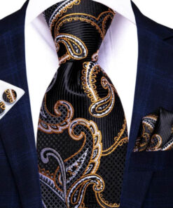 Pánska kravatová sada s vreckovkou a manžetami so zlatým ornamentom