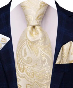 Pánska kravatová sada s vreckovkou a manžetami so zlatým vzorom