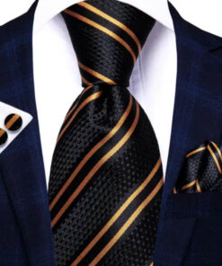 Pánska kravatová sada s vreckovkou a manžetami so zlatými pásikmi