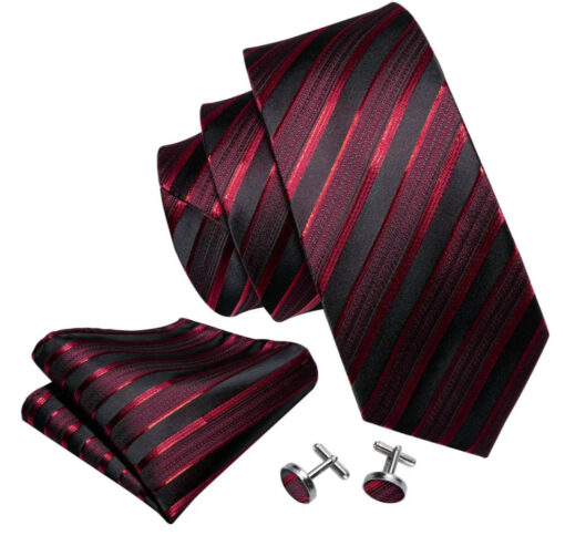 Pánsky kravatový set s červenými pásikmi s gombíkmi a vreckovkou