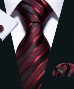 Pánsky kravatový set s červenými pásikmi s gombíkmi a vreckovkou