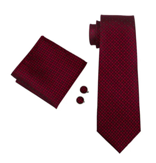 Pánsky kravatový set s červenými štvorčekmi s gombíkmi a vreckovkou
