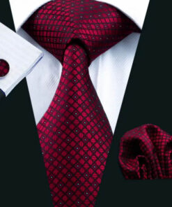 Pánsky kravatový set s červenými štvorčekmi s gombíkmi a vreckovkou