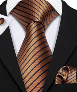 Pánsky kravatový set s hnedými pásikmi s gombíkmi a vreckovkou