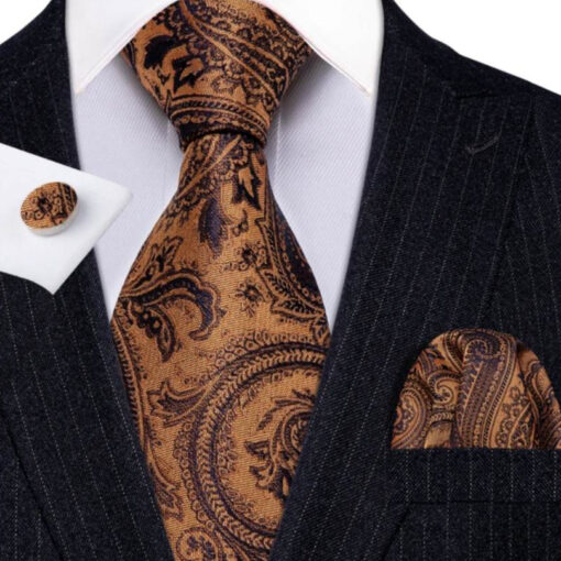 Pánsky kravatový set s medeným vzorom s gombíkmi a vreckovkou