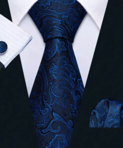 Pánsky kravatový set s modrým ornamentom s gombíkmi a vreckovkou