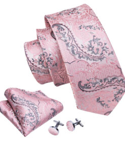 Pánsky kravatový set s ružovým vzorom s gombíkmi a vreckovkou