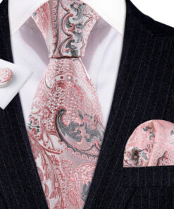Pánsky kravatový set s ružovým vzorom s gombíkmi a vreckovkou