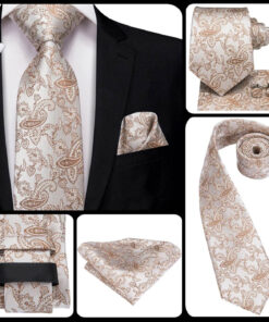 Pánsky kravatový set s vreckovkou a manžetami s krémovým vzorom
