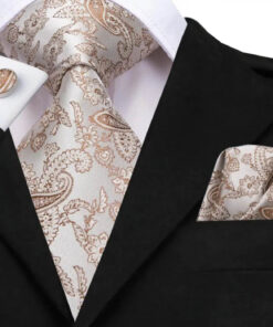 Pánsky kravatový set s vreckovkou a manžetami s krémovým vzorom