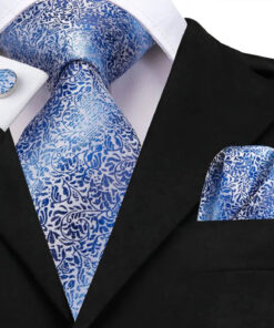 Pánsky kravatový set s vreckovkou a manžetami s modrým vzorom