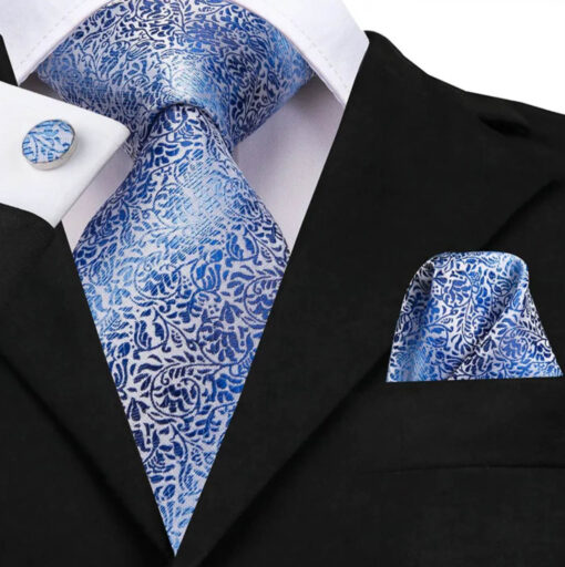Pánsky kravatový set s vreckovkou a manžetami s modrým vzorom