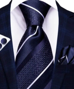 Pánsky kravatový set s vreckovkou a manžetami s modrými pásikmi