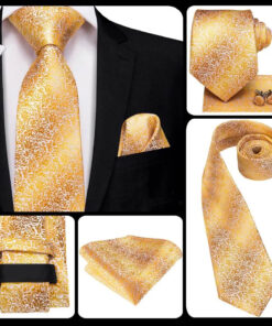Pánsky kravatový set s vreckovkou a manžetami so zlatým ornamentom