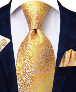 Pánsky kravatový set s vreckovkou a manžetami so zlatým ornamentom