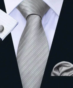 Pánsky kravatový set so sivými pásikmi s gombíkmi a vreckovkou