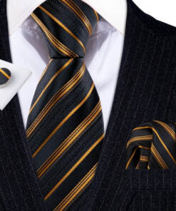 Pánsky kravatový set so zlatými pásikmi s gombíkmi a vreckovkou