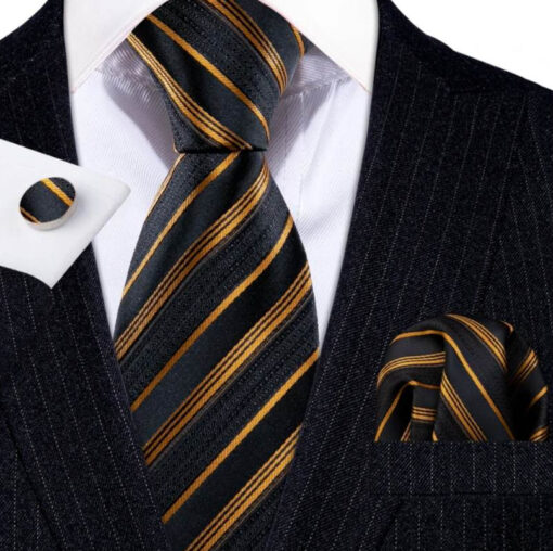 Pánsky kravatový set so zlatými pásikmi s gombíkmi a vreckovkou