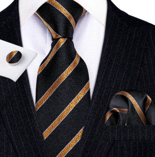 Pánsky kravatový set so zlatými pásmi s gombíkmi a vreckovkou