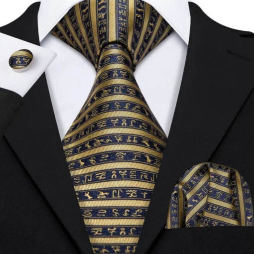 Pánsky kravatový set so zlatými symbolmi s gombíkmi a vreckovkou