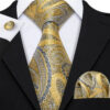 Pánsky kravatový set so žltým vzorom s gombíkmi a vreckovkou