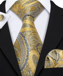 Pánsky kravatový set so žltým vzorom s gombíkmi a vreckovkou