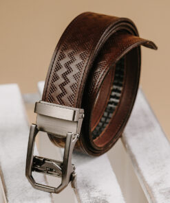 Kožený opasok s dekorom a automatickou prackou – NICKEL GAP, limitovaná edícia, tmavo hnedý