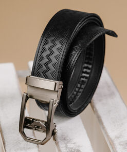 Kožený opasok s dekorom a automatickou prackou – NICKEL GAP, limitovaná edícia, čierny